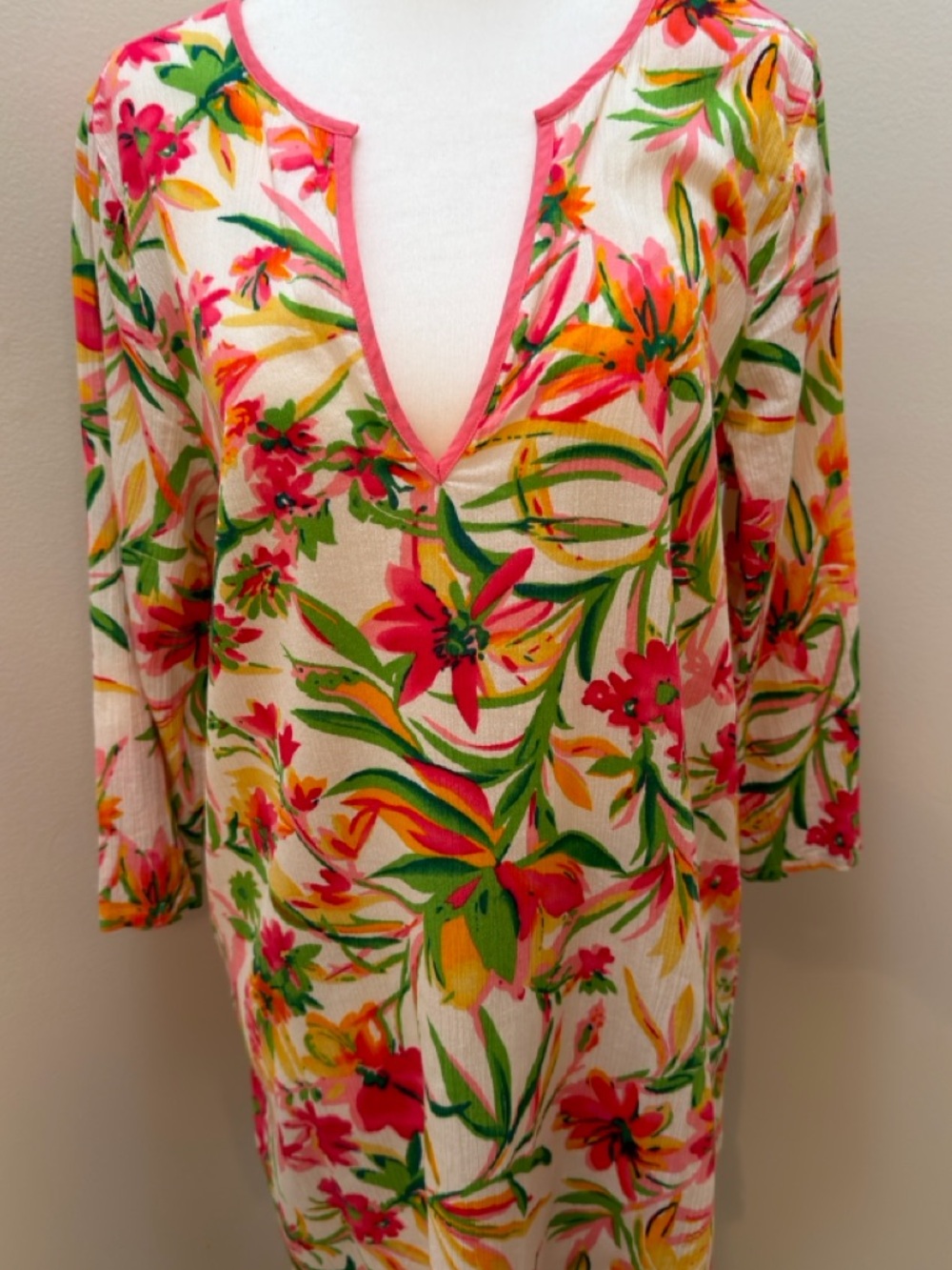 J. Crew Floral V‑Neck Swim Coverup Tunic in Pink, Green & Yellow
